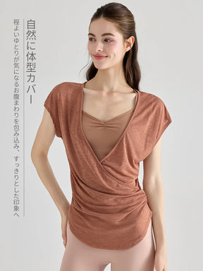 細肩ストラップ Vネック ヨガブラ+フロントクロス ヨガTシャツ 2点セット