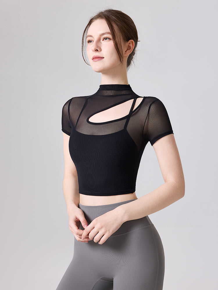メッシュ切り替え レイヤード 半袖ヨガトップス カップ付き