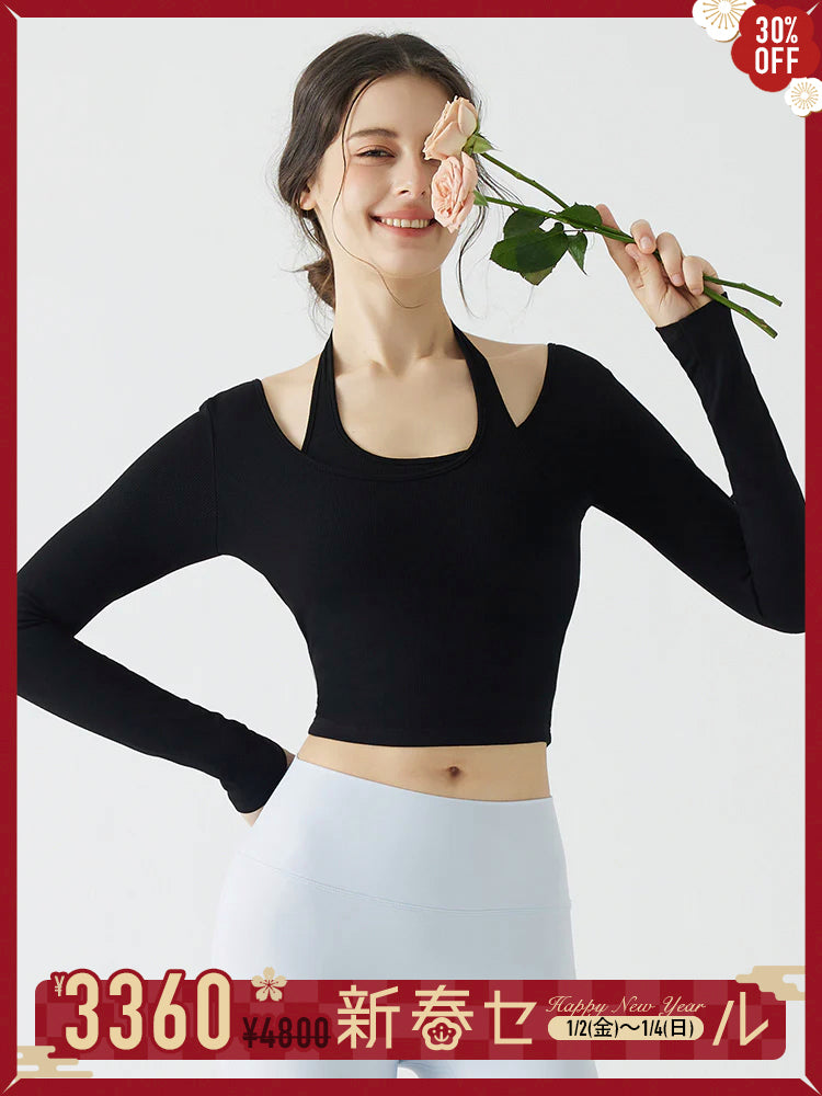 ホルターネック バックスタイル レイヤード風長袖