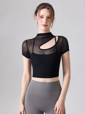 メッシュ切り替え レイヤード 半袖ヨガトップス カップ付き