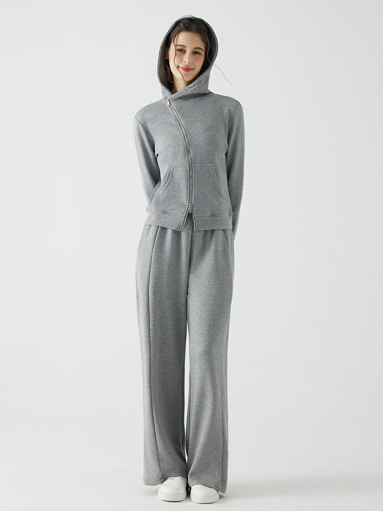 秋冬 ゆったり フード付き 斜めジップパーカ　