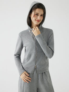 秋冬 ゆったり フード付き 斜めジップパーカ　