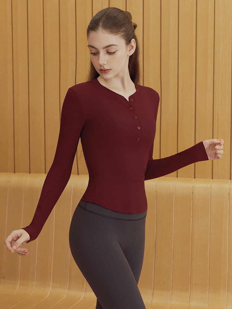 リブヘンリーネック ボタン付き 長袖