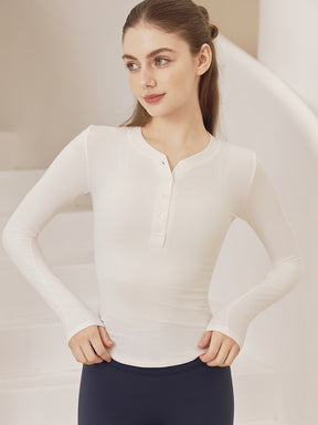 リブヘンリーネック ボタン付き 長袖