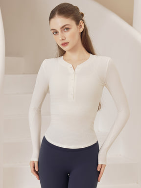 リブヘンリーネック ボタン付き 長袖