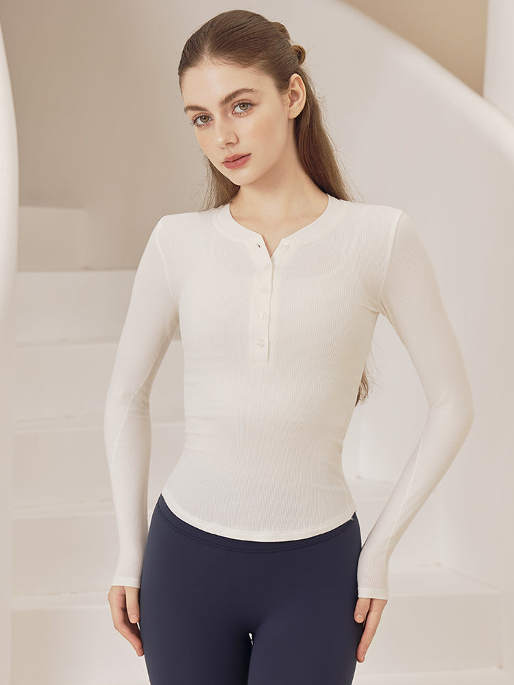 リブヘンリーネック ボタン付き 長袖