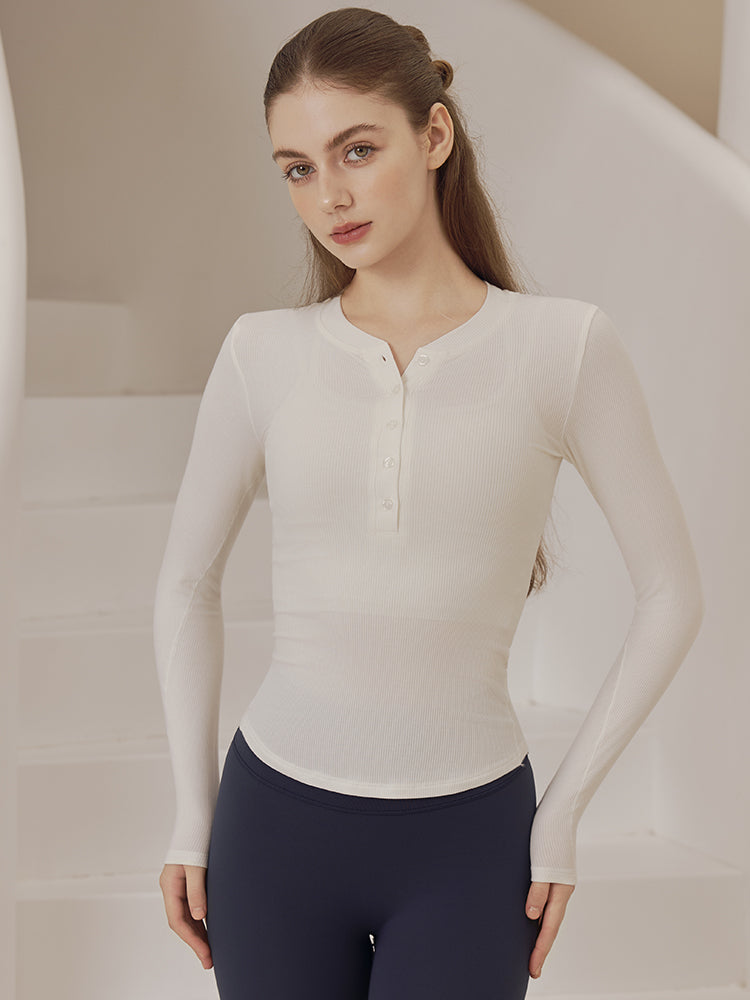 リブヘンリーネック ボタン付き 長袖