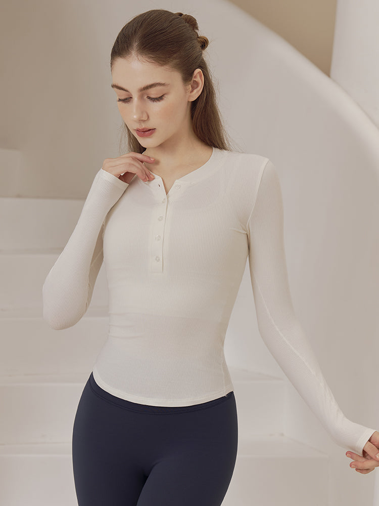 リブヘンリーネック ボタン付き 長袖