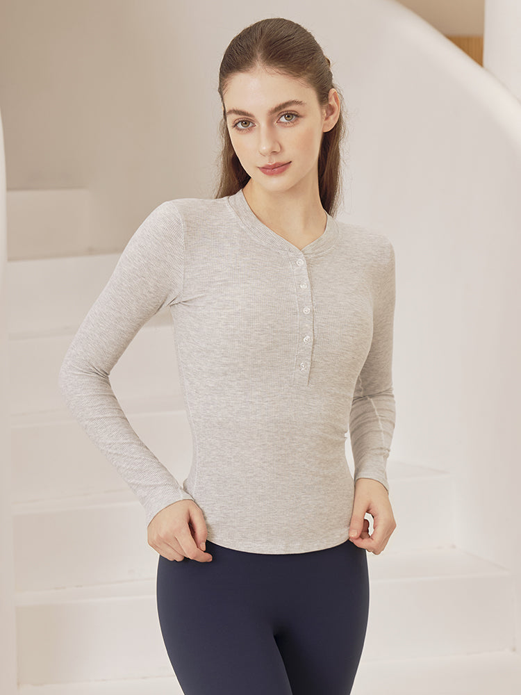 リブヘンリーネック ボタン付き 長袖