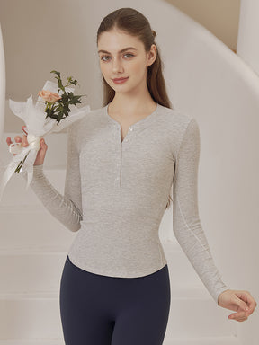 リブヘンリーネック ボタン付き 長袖