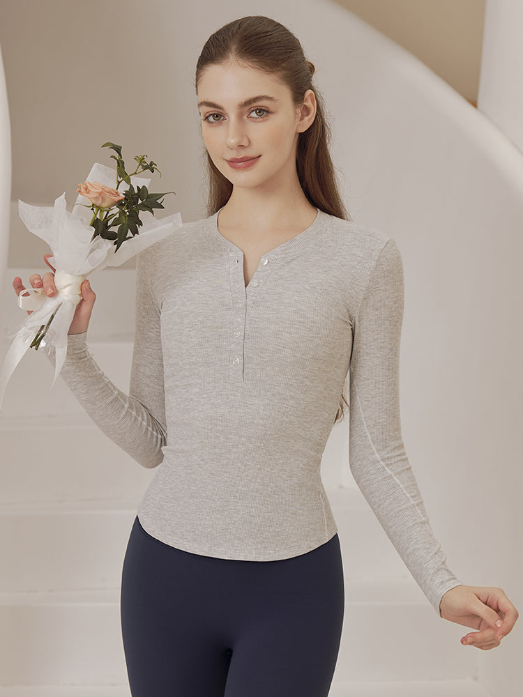 リブヘンリーネック ボタン付き 長袖