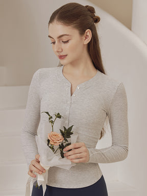 リブヘンリーネック ボタン付き 長袖