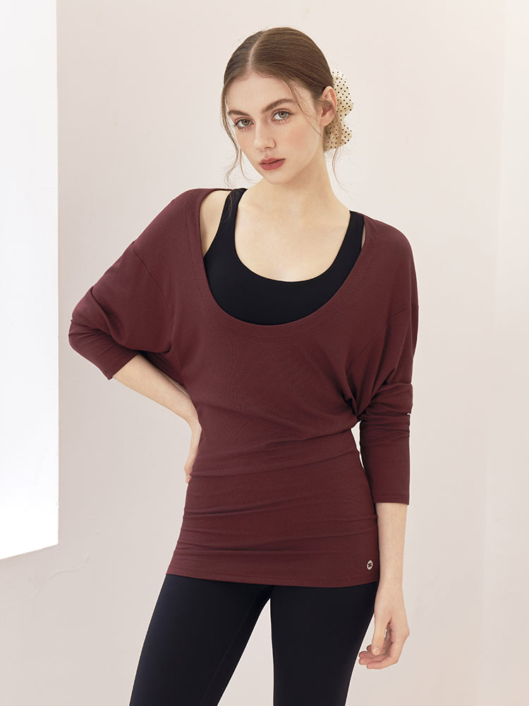 Uネック 長袖 ヨガトップス