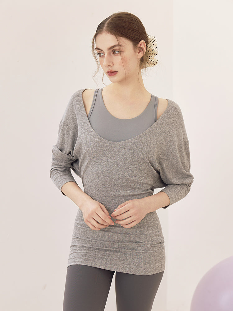 Uネック 長袖 ヨガトップス