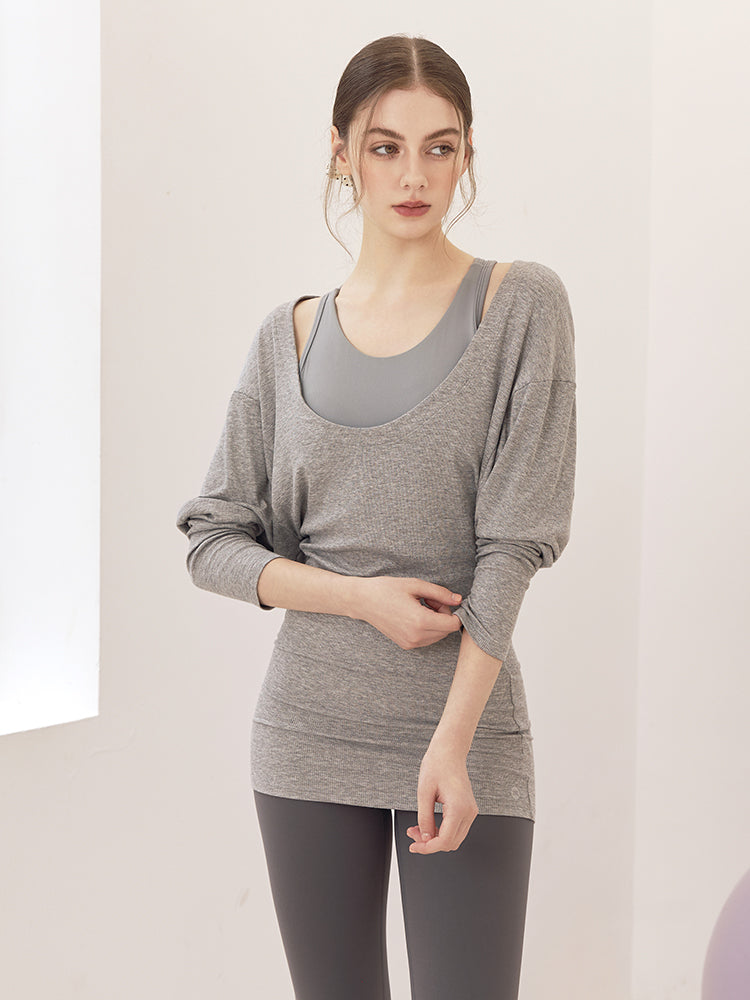 Uネック 長袖 ヨガトップス