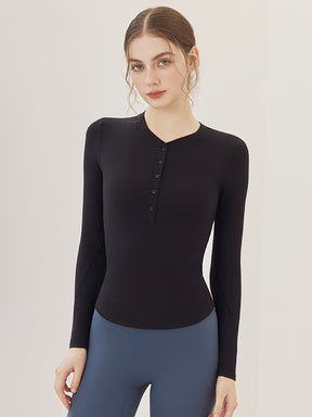 リブヘンリーネック ボタン付き 長袖