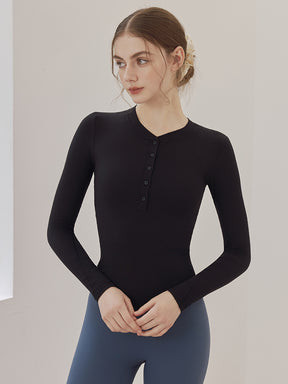 リブヘンリーネック ボタン付き 長袖