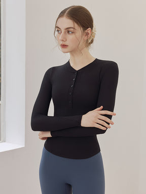 リブヘンリーネック ボタン付き 長袖