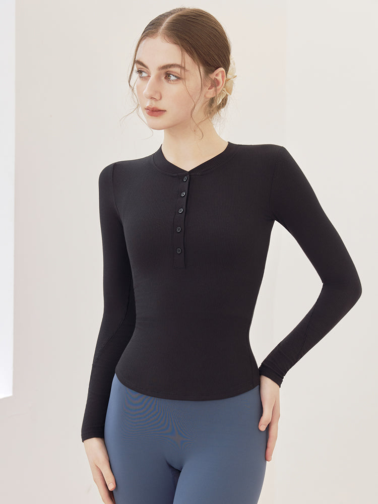 リブヘンリーネック ボタン付き 長袖