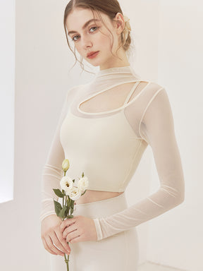 メッシュ切り替え レイヤード ロングスリーブ V字カット