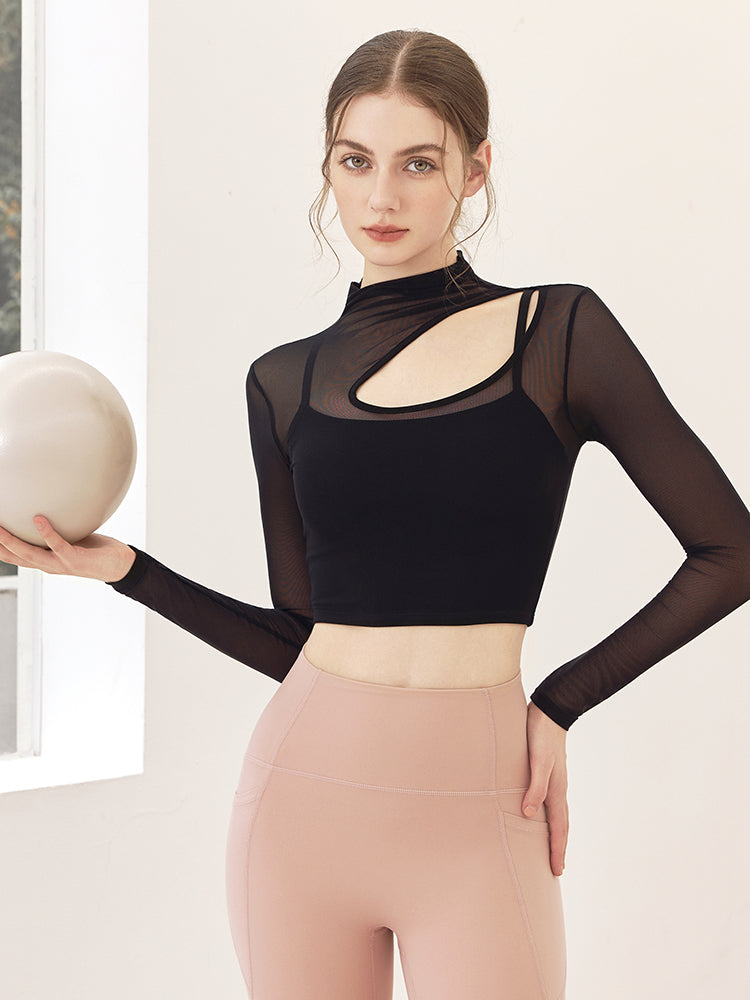 メッシュ切り替え レイヤード ロングスリーブ V字カット