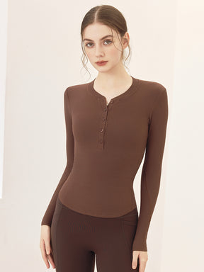 リブヘンリーネック ボタン付き 長袖