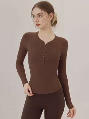 リブヘンリーネック ボタン付き 長袖