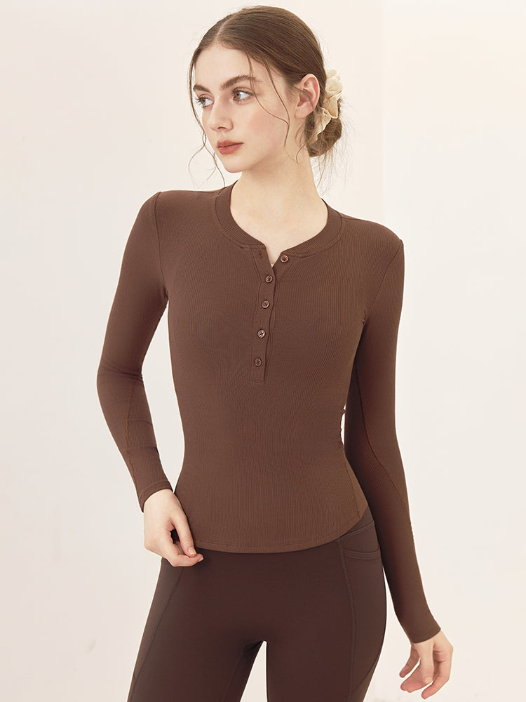 リブヘンリーネック ボタン付き 長袖