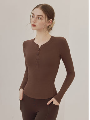 リブヘンリーネック ボタン付き 長袖