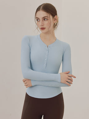 リブヘンリーネック ボタン付き 長袖