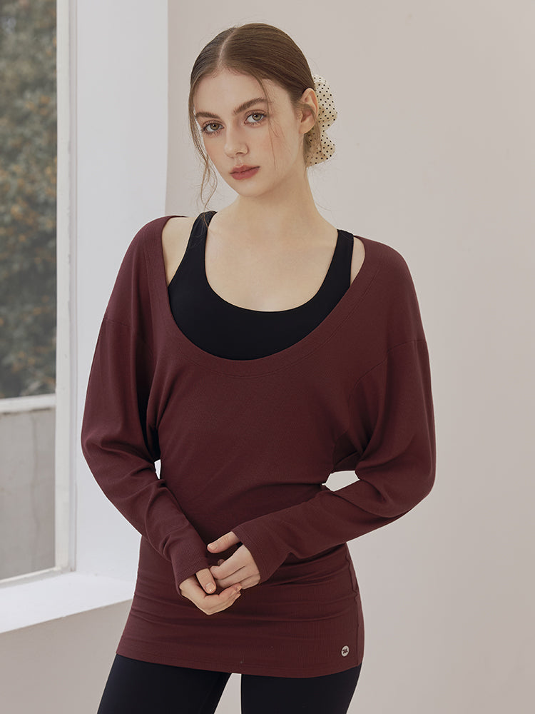 Uネック 長袖 ヨガトップス