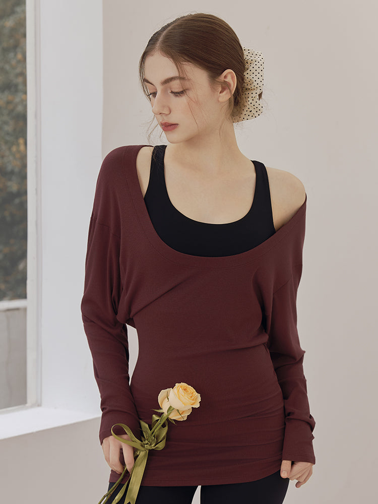 Uネック 長袖 ヨガトップス