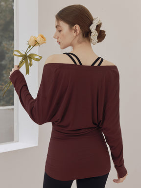 Uネック 長袖 ヨガトップス