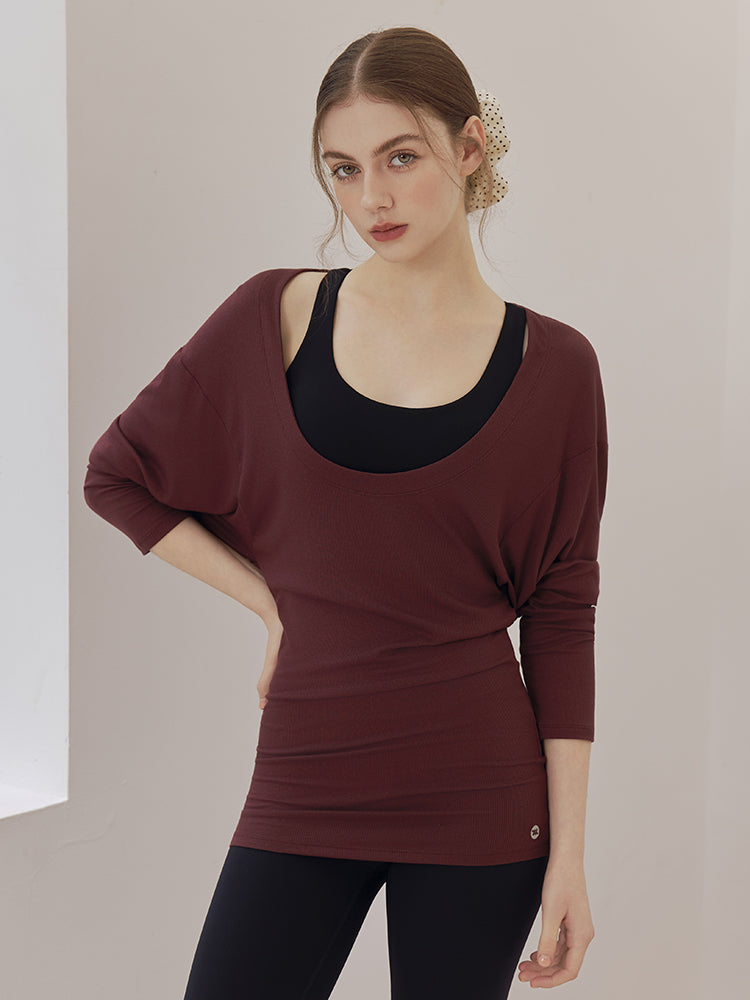 Uネック 長袖 ヨガトップス