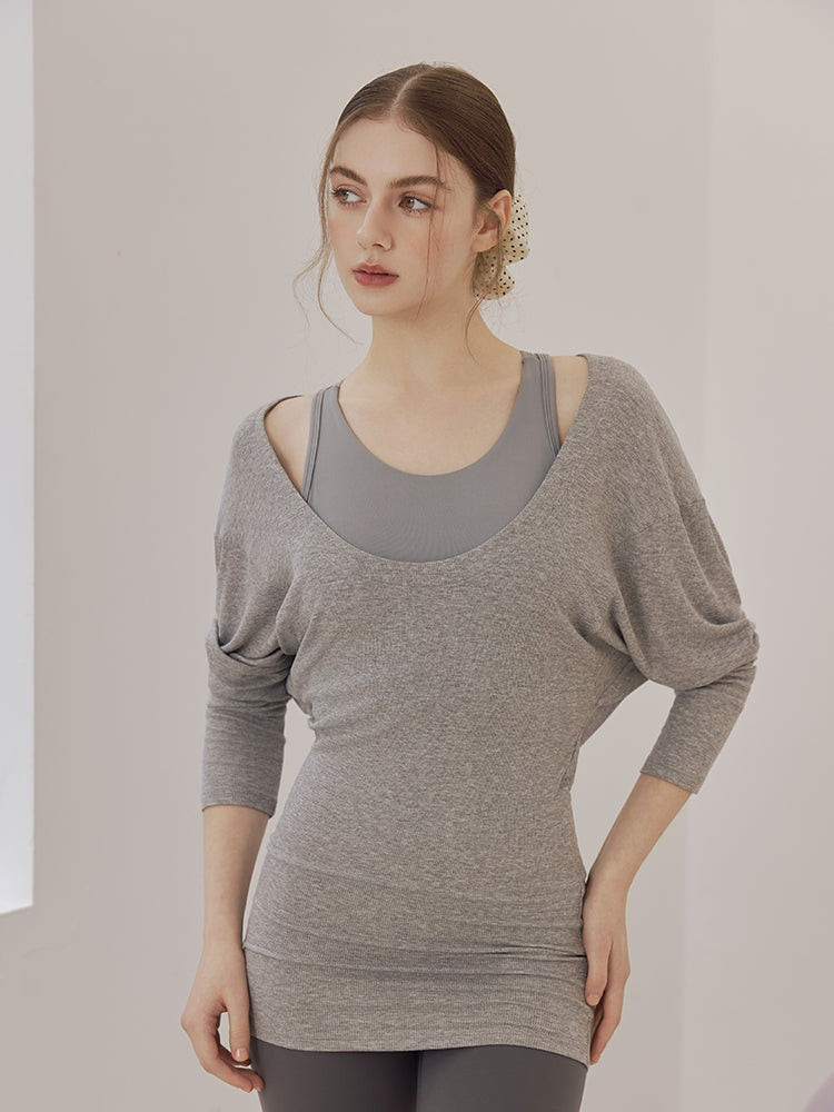 Uネック 長袖 ヨガトップス