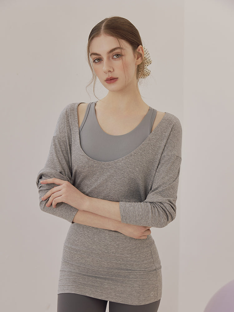 Uネック 長袖 ヨガトップス