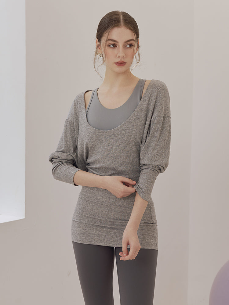 Uネック 長袖 ヨガトップス