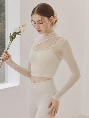 メッシュ切り替え レイヤード ロングスリーブ V字カット