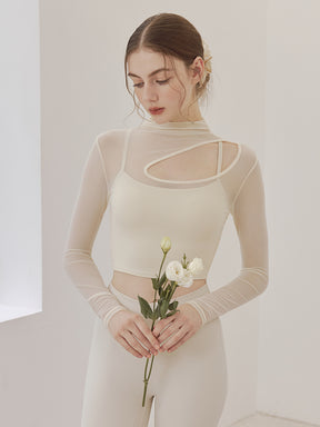 メッシュ切り替え レイヤード ロングスリーブ V字カット