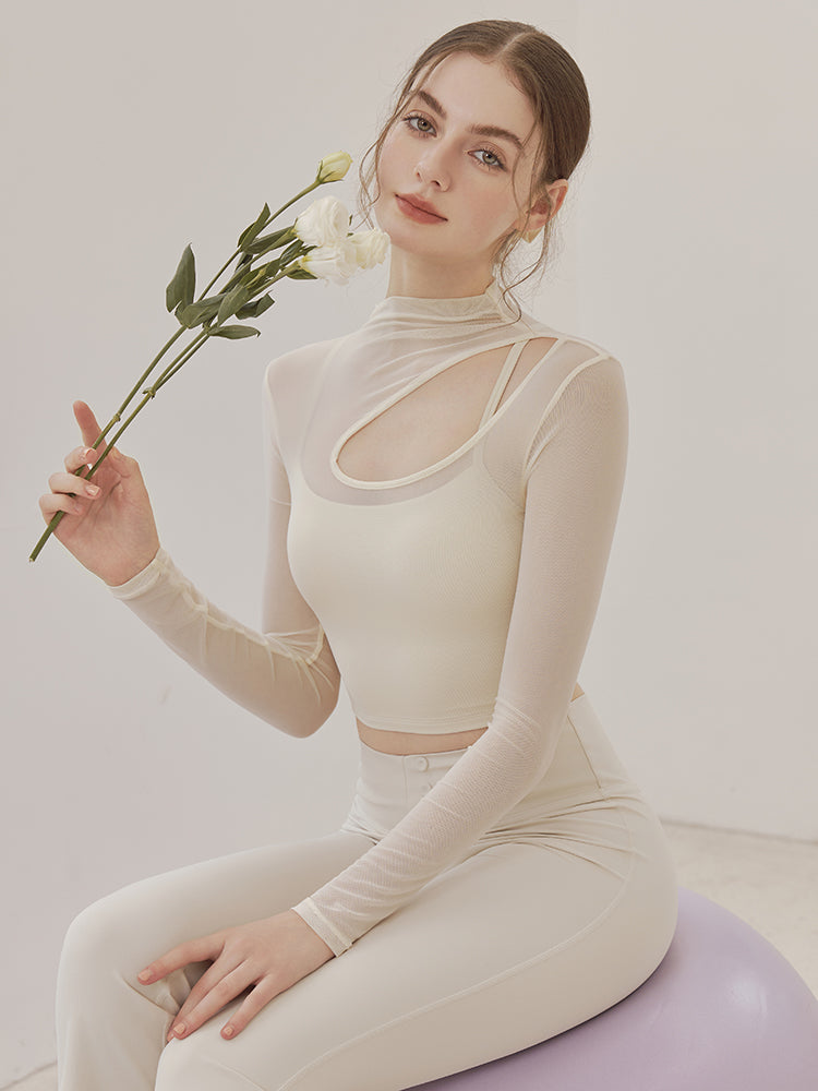 メッシュ切り替え レイヤード ロングスリーブ V字カット