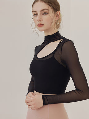 メッシュ切り替え レイヤード ロングスリーブ V字カット