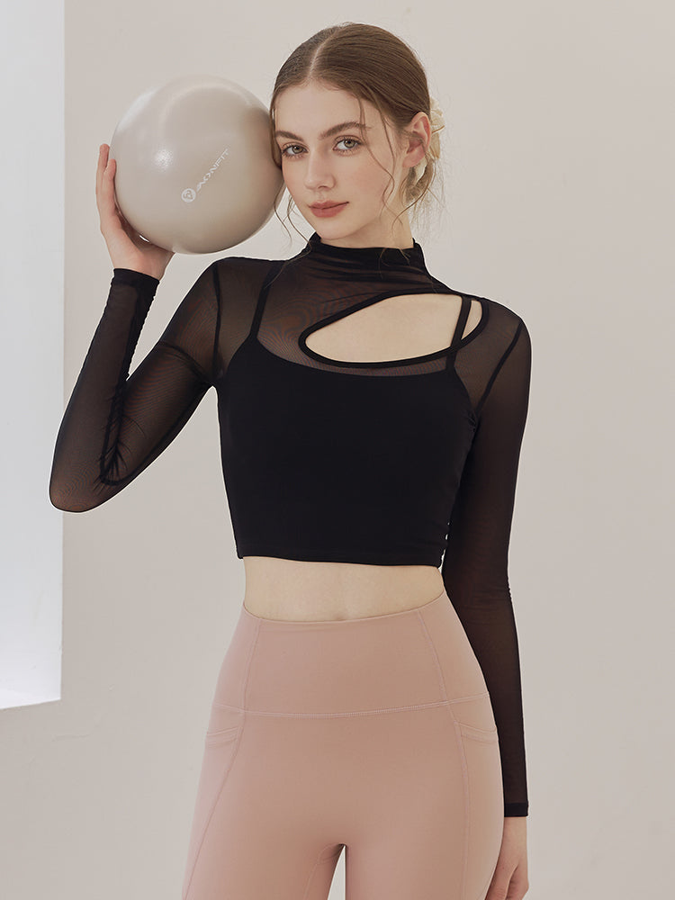 メッシュ切り替え レイヤード ロングスリーブ V字カット