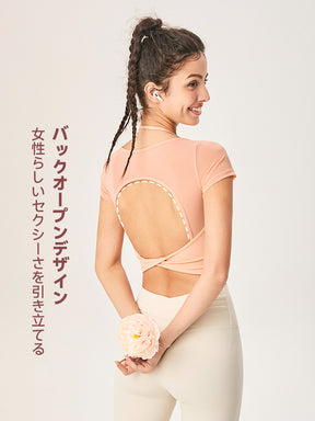 フェイクレイヤード 半袖 ブラパッド付き 背中開き
