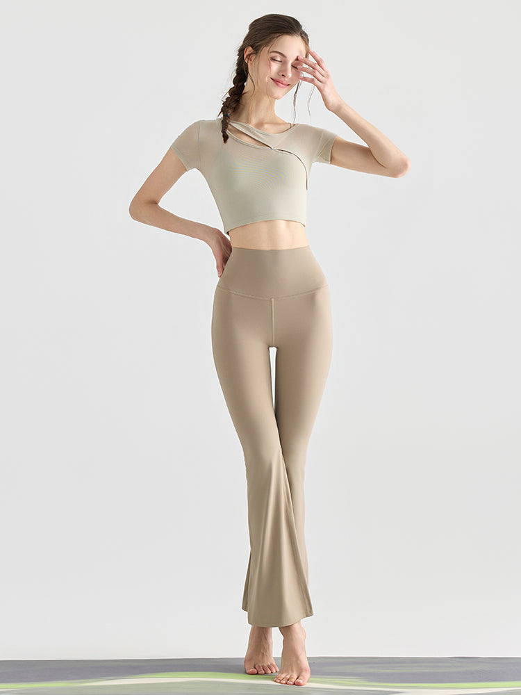 レイヤード メッシュ切り替え バックダブルクロス パッド付き 半袖