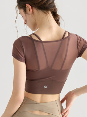 フェイクレイヤード メッシュ切り替え 半袖 ブラカップ付き