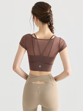 フェイクレイヤード メッシュ切り替え 半袖 ブラカップ付き