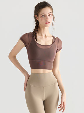 フェイクレイヤード メッシュ切り替え 半袖 ブラカップ付き