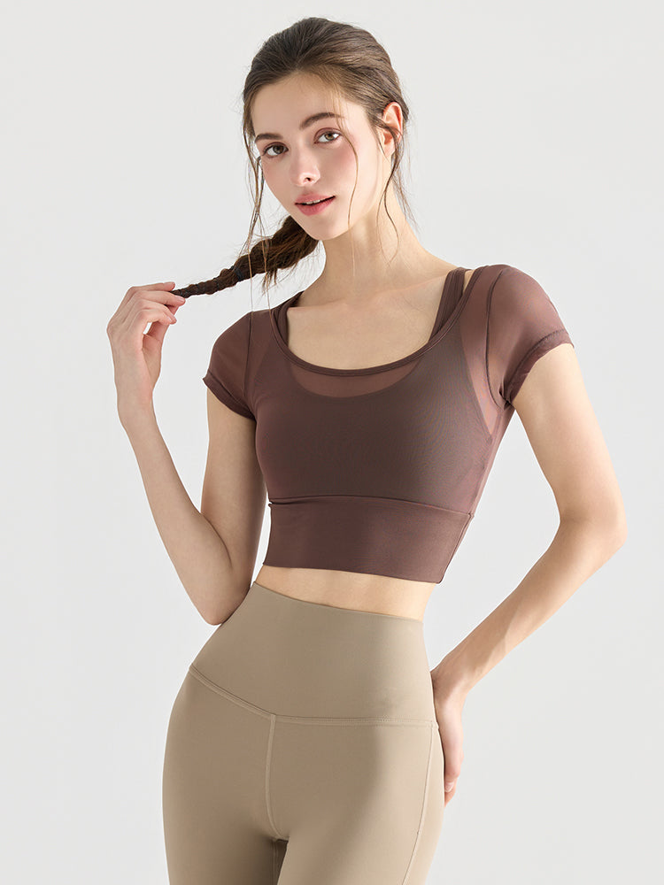 フェイクレイヤード メッシュ切り替え 半袖 ブラカップ付き