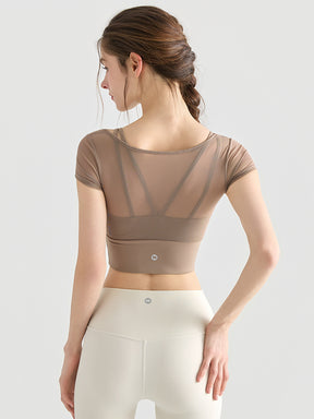 フェイクレイヤード メッシュ切り替え 半袖 ブラカップ付き