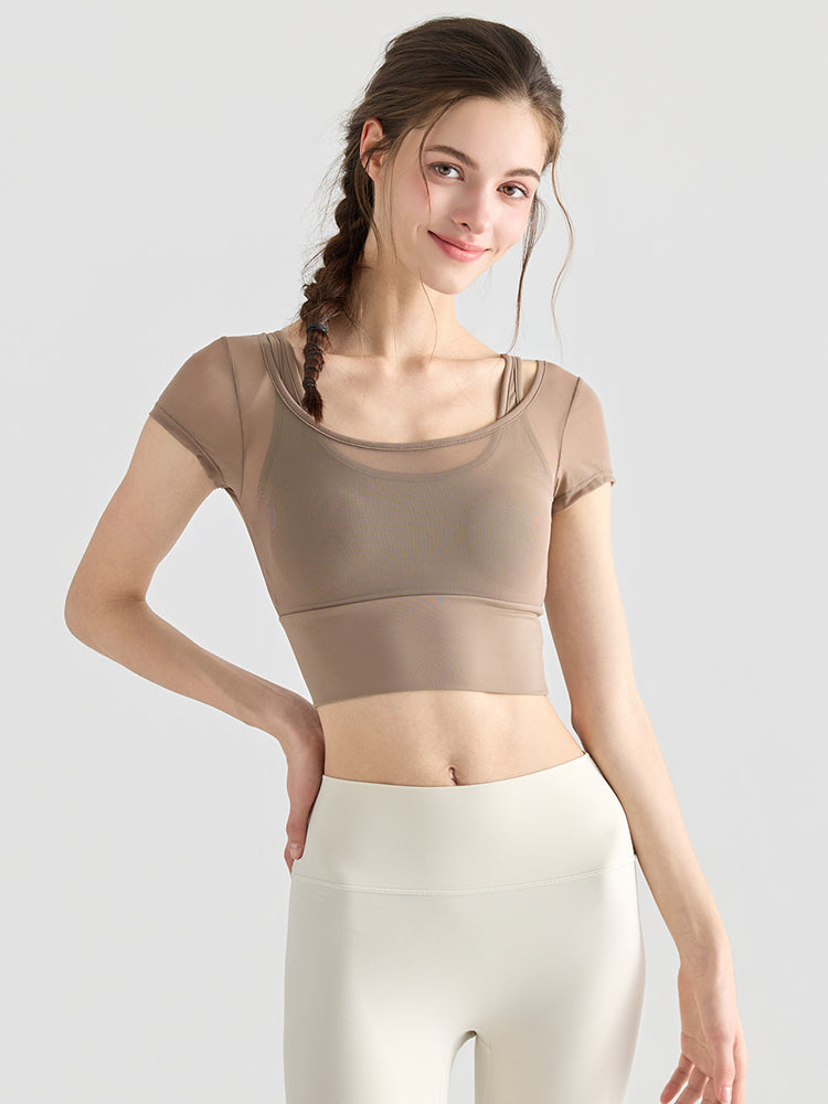 フェイクレイヤード メッシュ切り替え 半袖 ブラカップ付き